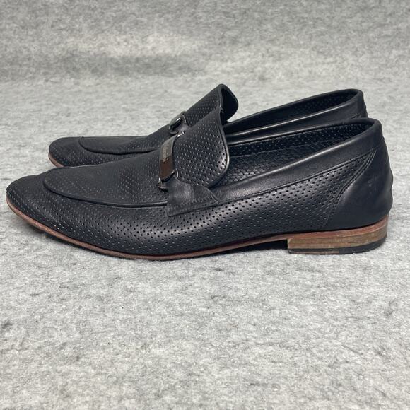 Baldinini Men 10 Loafers Black Perforated Leather Laser Cut Italy Luxury Slip-on